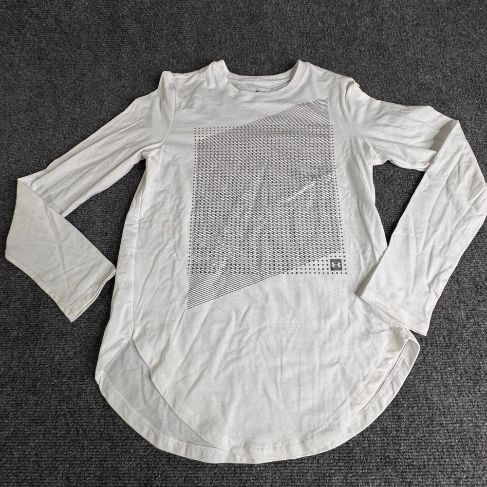 Under Armour HeatGear Womens Small White Long Sleeve Graphic Curved Hem Shirt